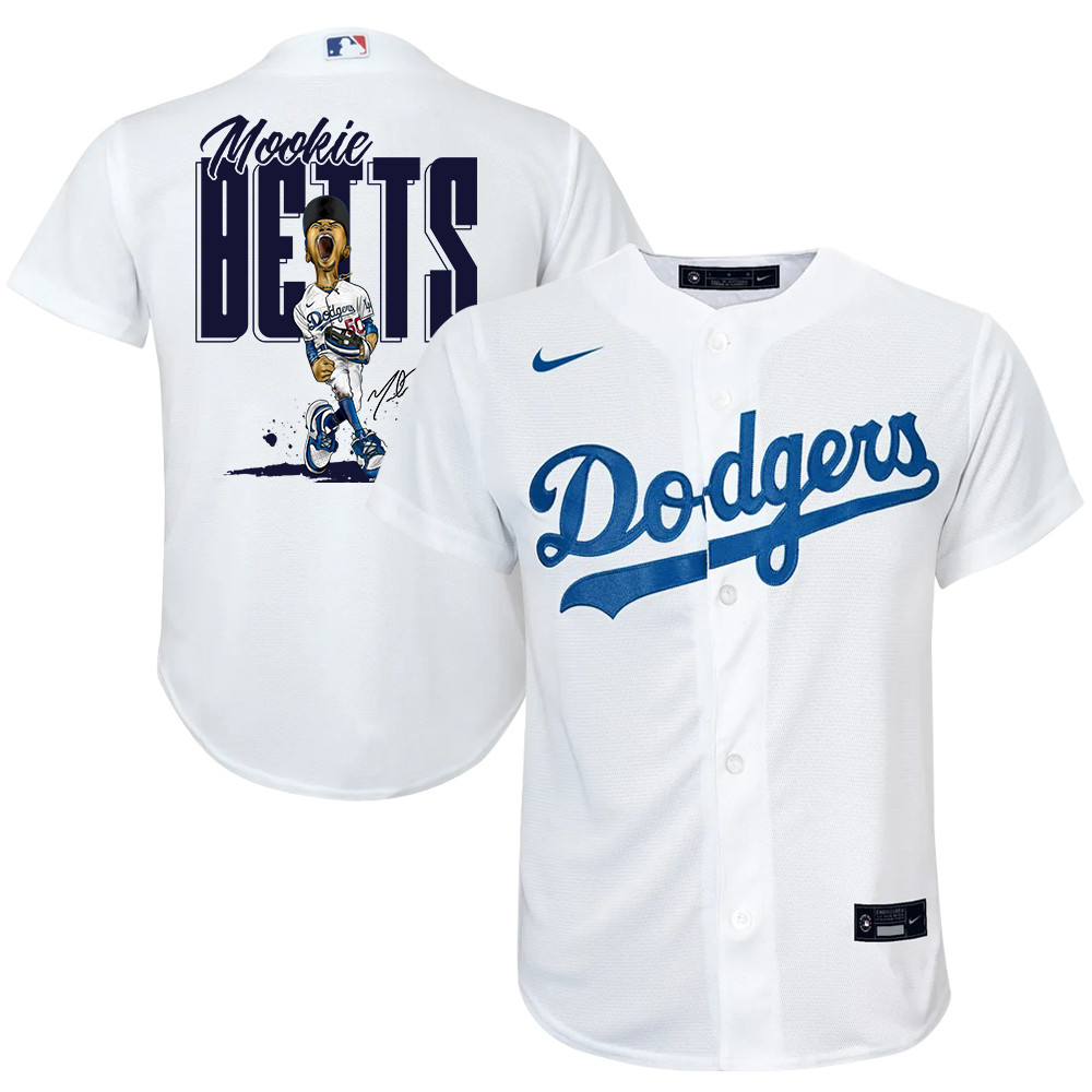 Mookie Betts 50 Los Angeles Dodgers Signed Cartoon 2023 Home Player YOUTH Baseball Jersey - White 