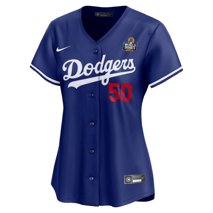 Alternative view of Mookie Betts 50 Los Angeles Dodgers Women's 2024 World Series Alternate Limited Baseball Jersey - Royal 