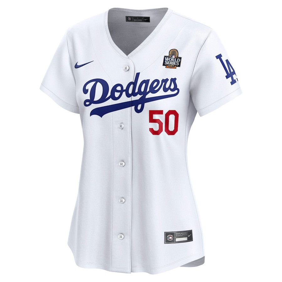 Alternative view of Mookie Betts 50 Los Angeles Dodgers Women's 2024 World Series Limited Player Baseball Jersey - White 
