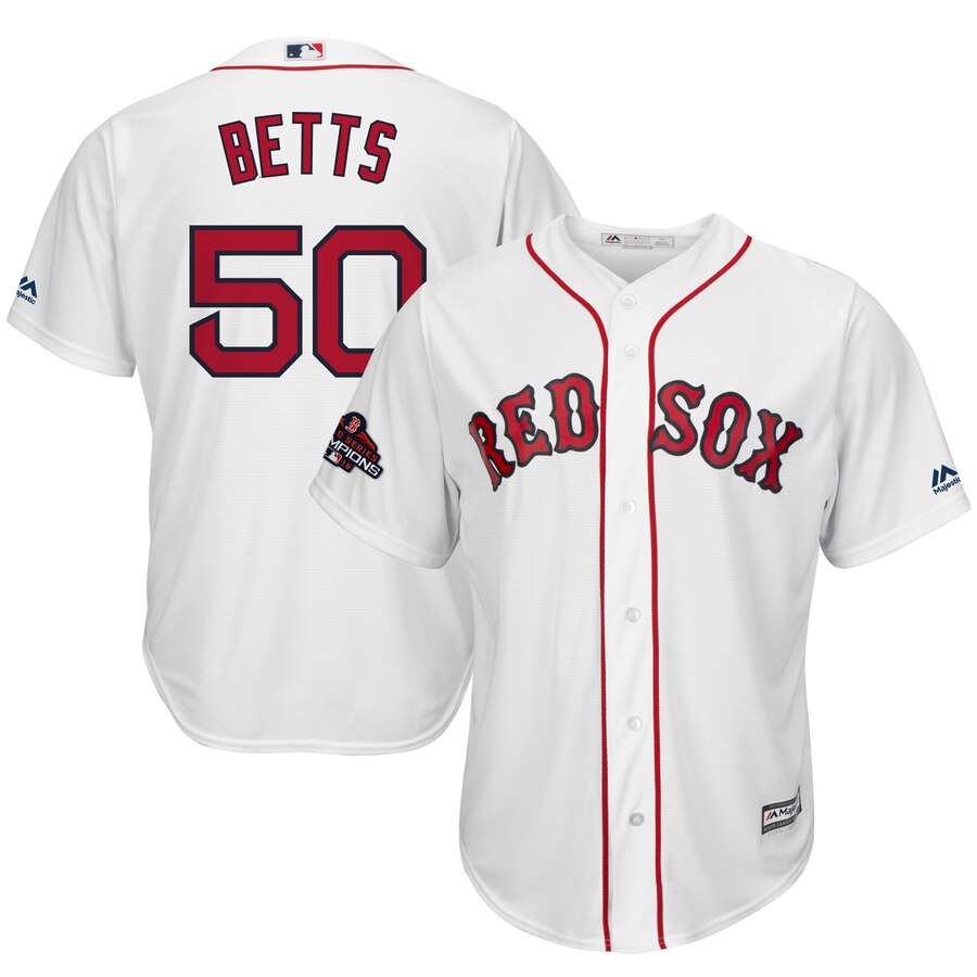 Mookie Betts Boston Red Sox Majestic 2018 World Series Champions Team Logo Player Baseball Jersey – White