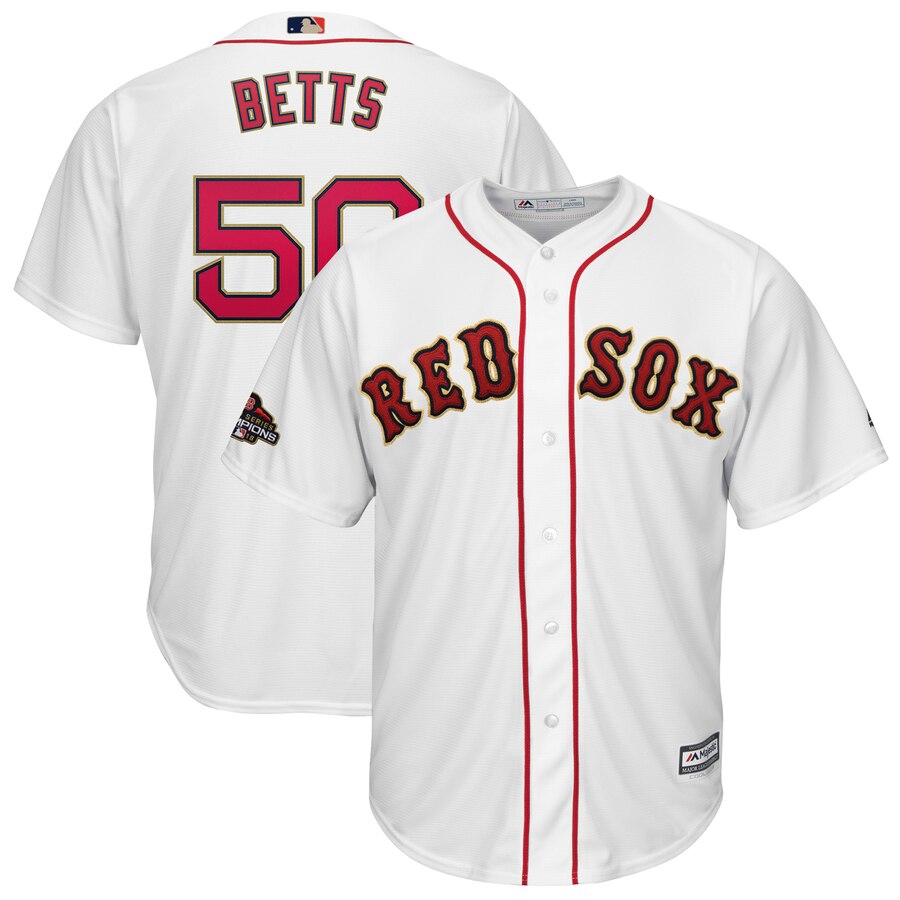 Mookie Betts Boston Red Sox Majestic 2019 Gold Program Cool Base Player Baseball Jersey – White