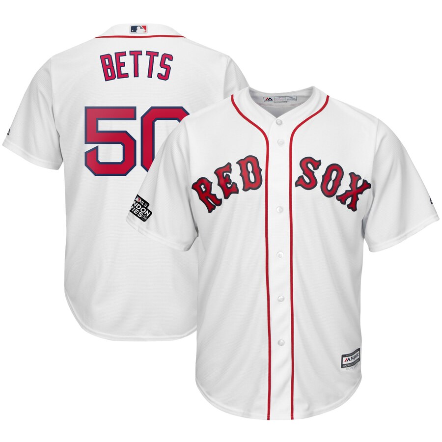 Mookie Betts Boston Red Sox Majestic 2019 London Series Cool Base Player Baseball Jersey – White