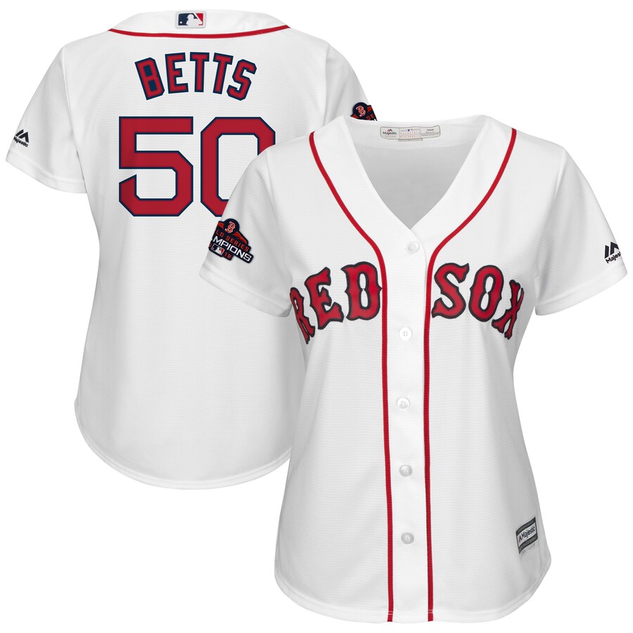 Mookie Betts Boston Red Sox Majestic Women's 2018 World Series Champions Team Logo Player Baseball Jersey - White