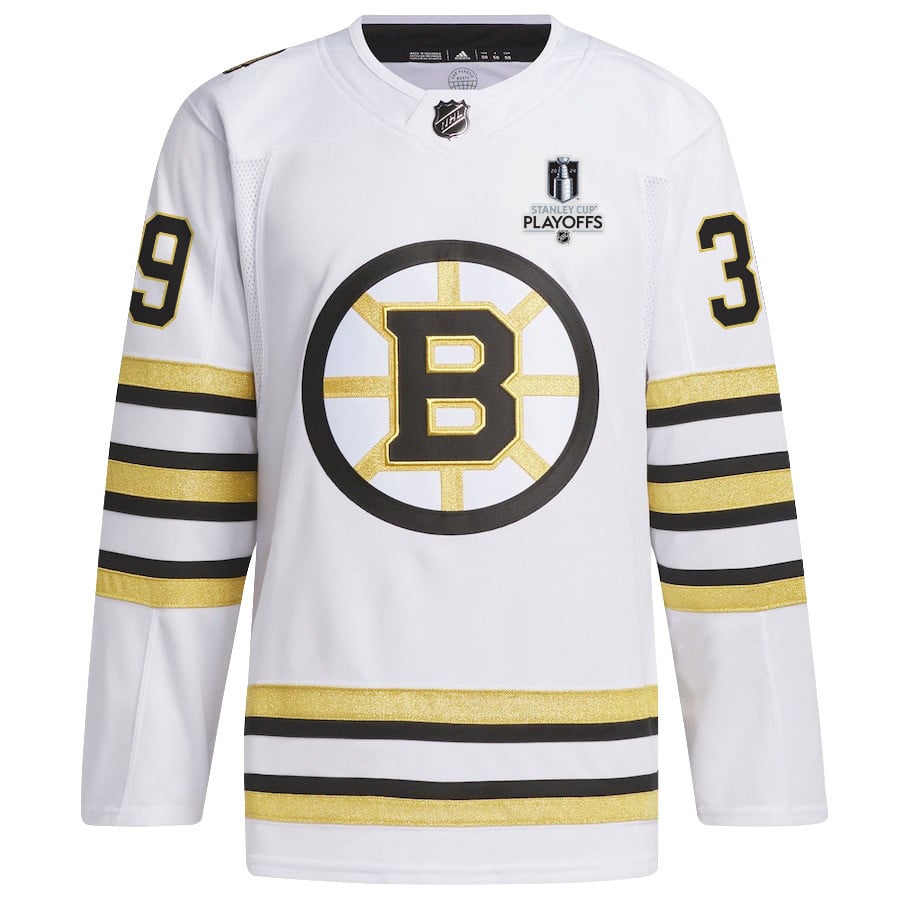 Alternative view of Morgan Geekie 39 Boston Bruins 2024 NHL Playoffs Patch Away Hockey Jersey - Men, White - JS694 