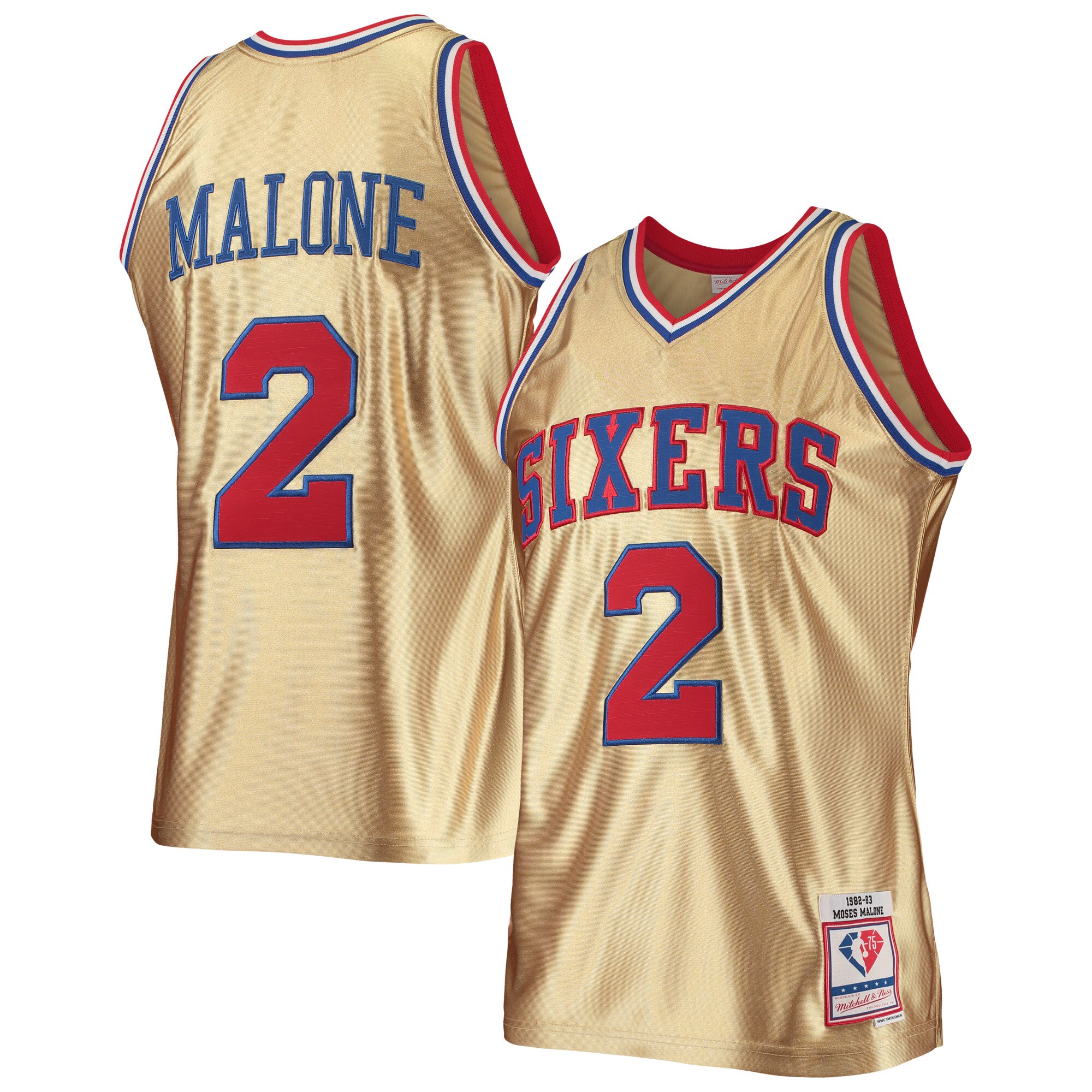 Moses Malone Philadelphia 76ers Mitchell & Ness 75th Anniversary 1982/83 Hardwood Classics Swingman Basketball Jersey - Gold