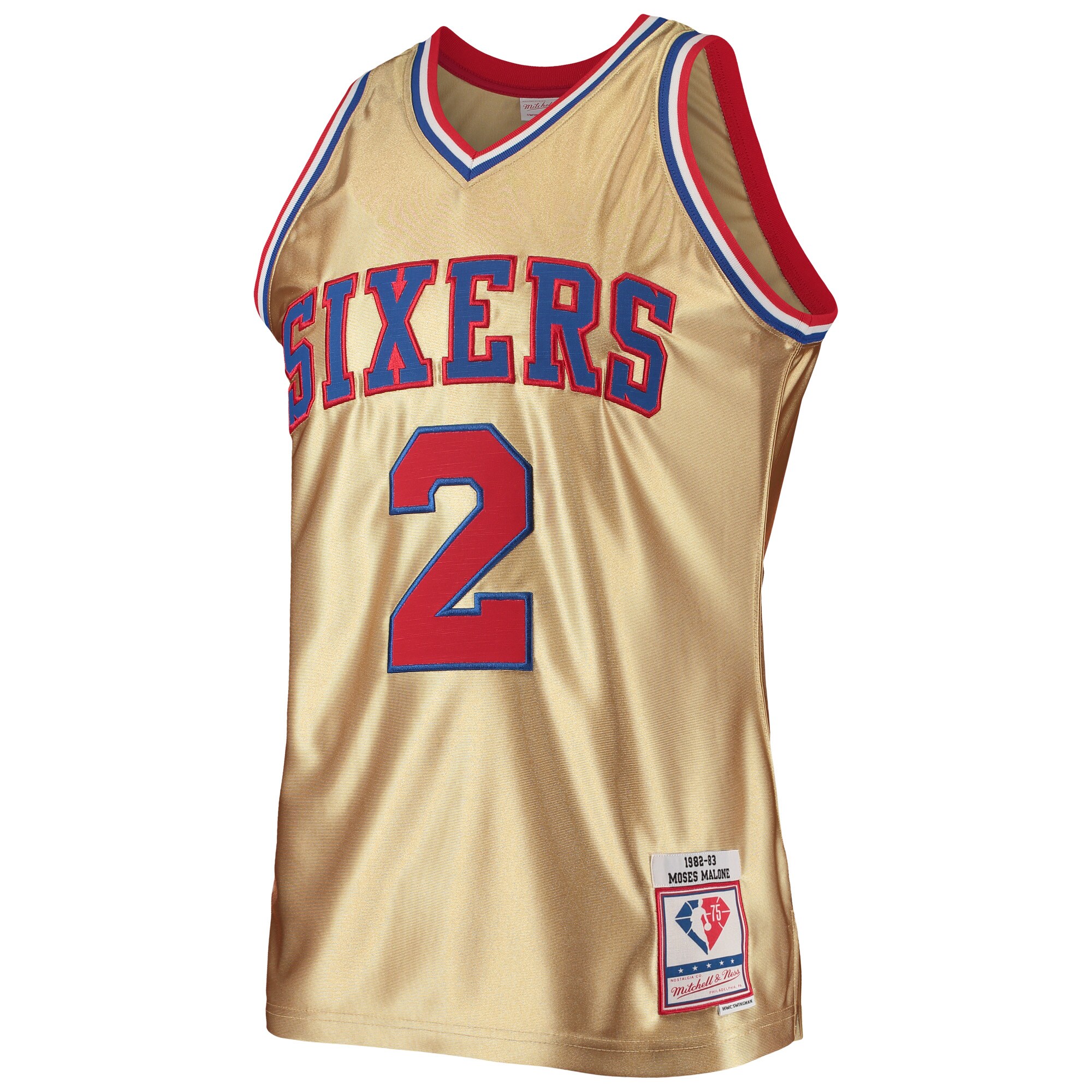 Alternative view of Moses Malone Philadelphia 76ers Mitchell & Ness 75th Anniversary 1982/83 Hardwood Classics Swingman Basketball Jersey - Gold