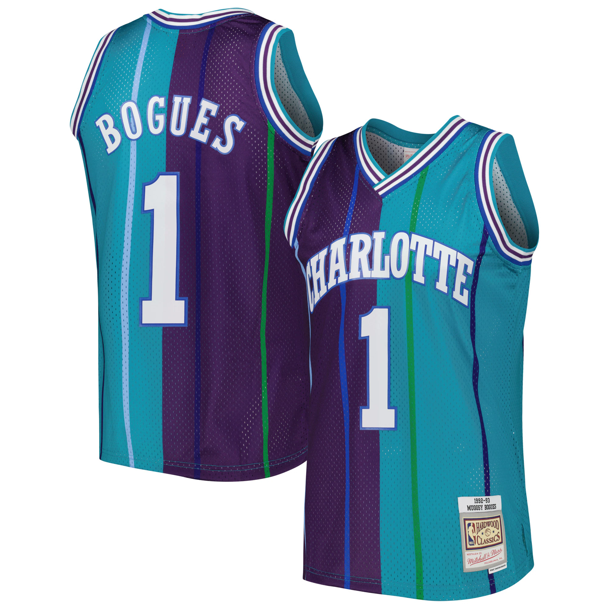 Muggsy Bogues Charlotte Hornets Mitchell & Ness Hardwood Classics 1992/93 Split Swingman Basketball Jersey - Teal/purple