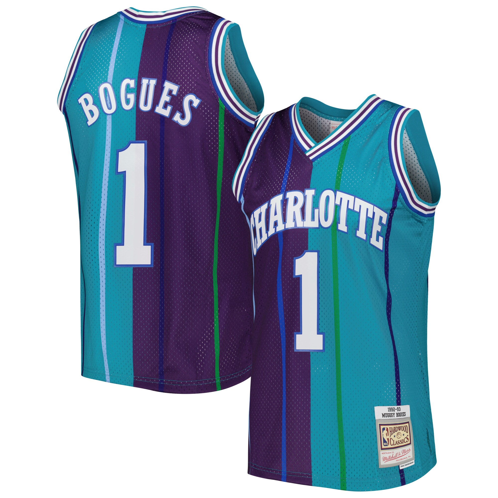 Alternative view of Muggsy Bogues Charlotte Hornets Mitchell & Ness Hardwood Classics 1992/93 Split Swingman Basketball Jersey - Teal/purple