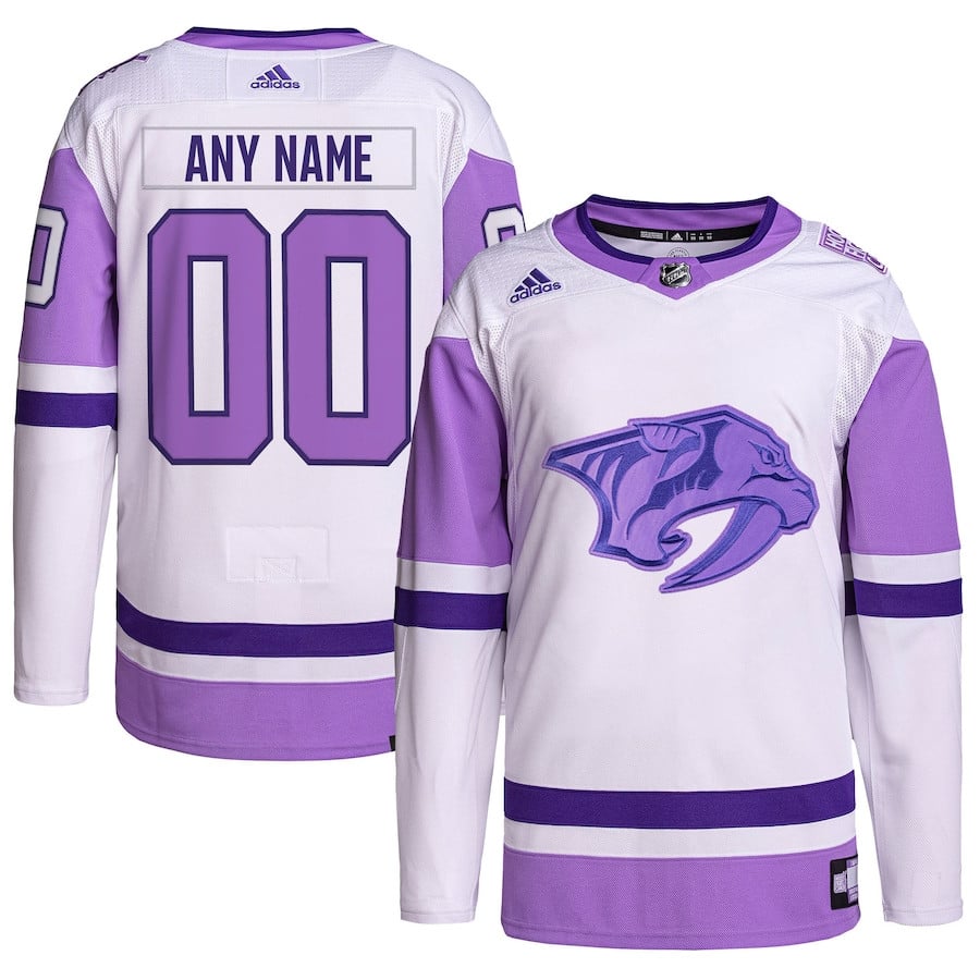 Nashville Predators Hockey Fights Cancer Primegreen Custom Men Hockey Jersey - White/Purple - JS428 