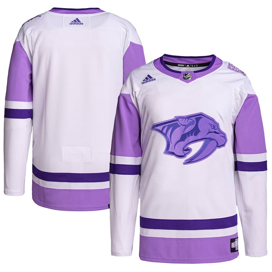 Nashville Predators Hockey Fights Cancer Primegreen Men Hockey Jersey - White/Purple - JS674 