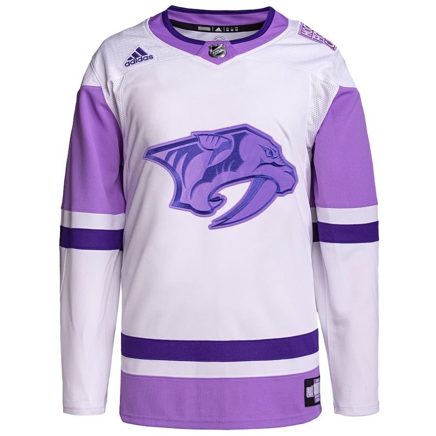 Alternative view of Nashville Predators Hockey Fights Cancer Primegreen Men Hockey Jersey - White/Purple - JS674 