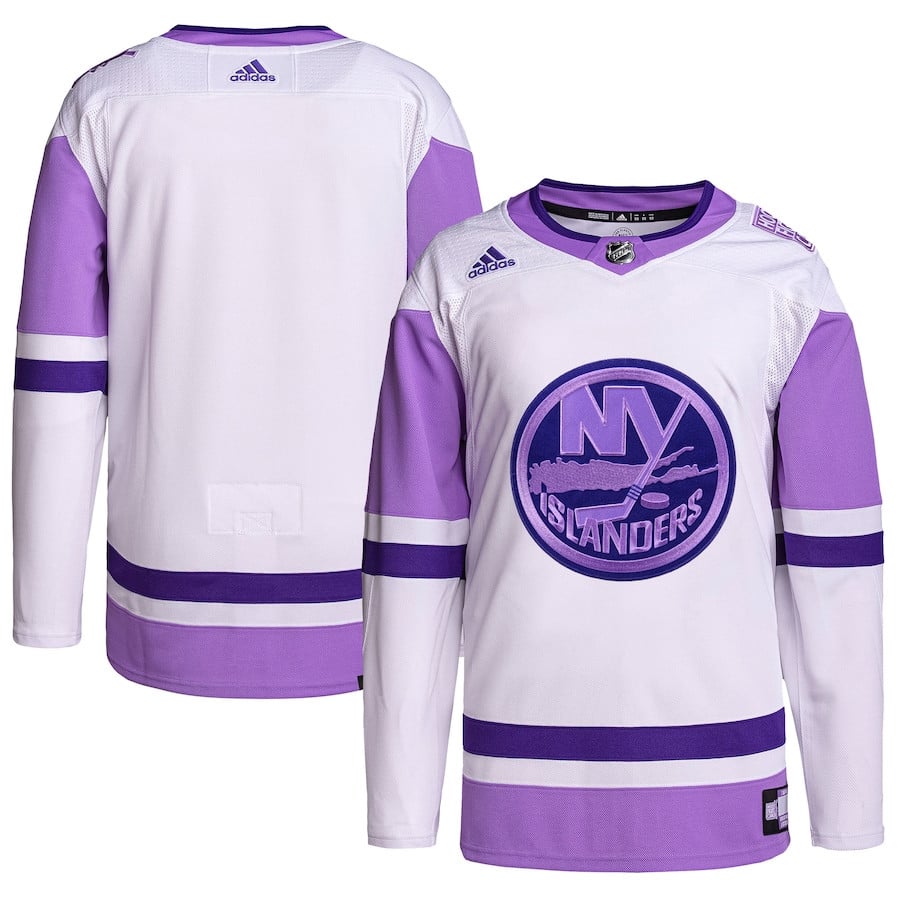 New York Islanders Hockey Fights Cancer Primegreen Men Hockey Jersey - White/Purple - JS626 