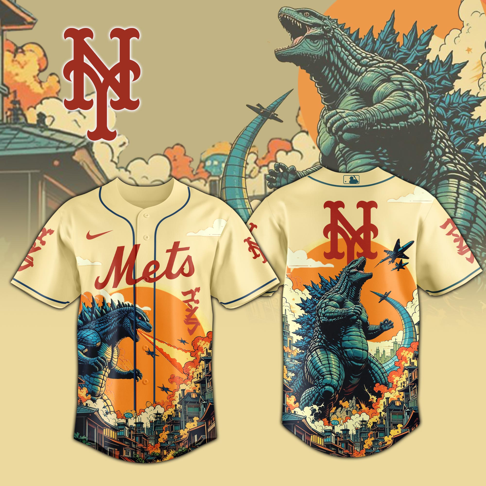 New York Mets Mlb X Godzilla Attack Custom Baseball Jersey