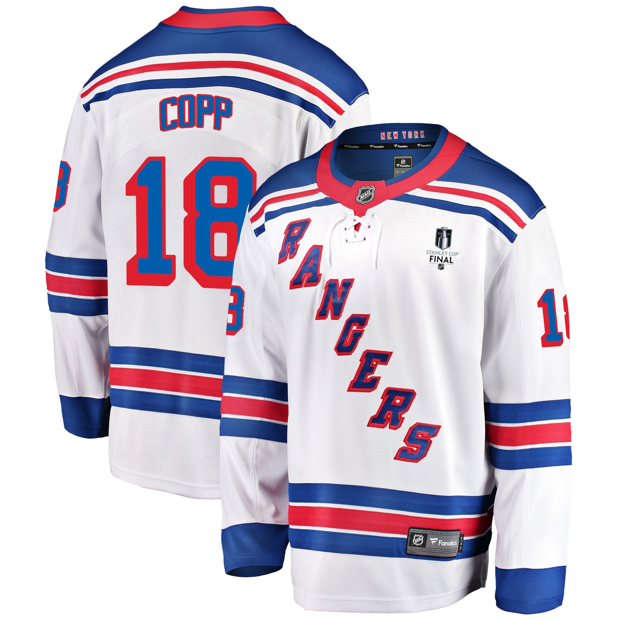 New York Rangers Andrew Copp 18 Away 2022 Stanley Cup Final Breakaway Men Hockey Jersey - White - JS383 