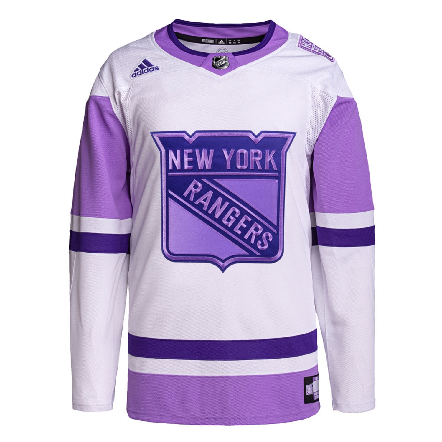 Alternative view of New York Rangers Hockey Fights Cancer Primegreen Custom Men Hockey Jersey - White/Purple - JS947 