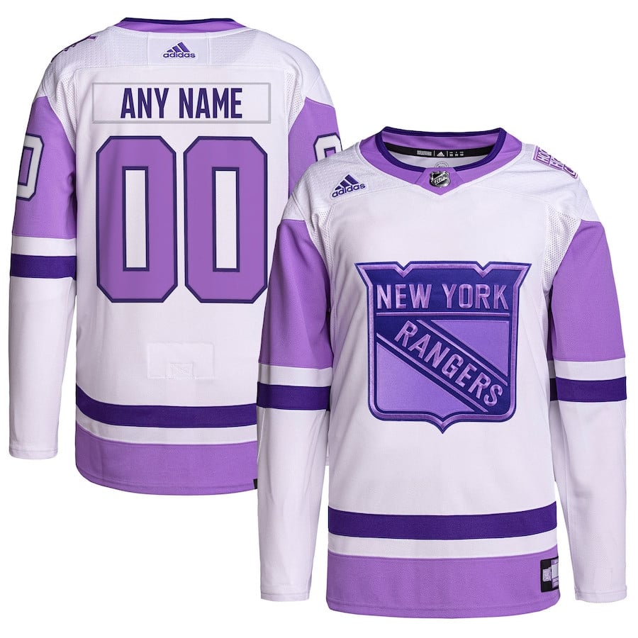 New York Rangers Hockey Fights Cancer Primegreen Custom Men Hockey Jersey - White/Purple - JS947 