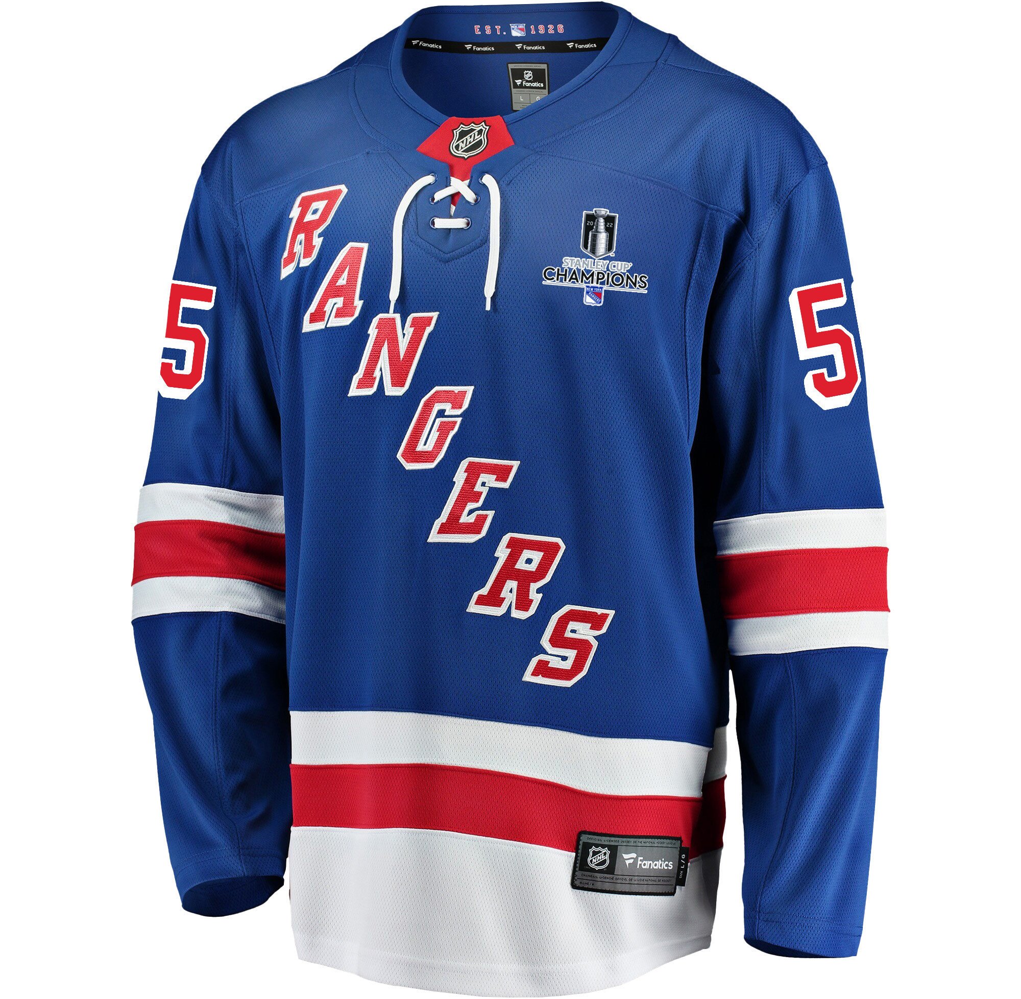 Alternative view of New York Rangers Ryan Lindgren 55 Home 2022 Stanley Cup Champions Breakaway Men Hockey Jersey - Blue - JS171 