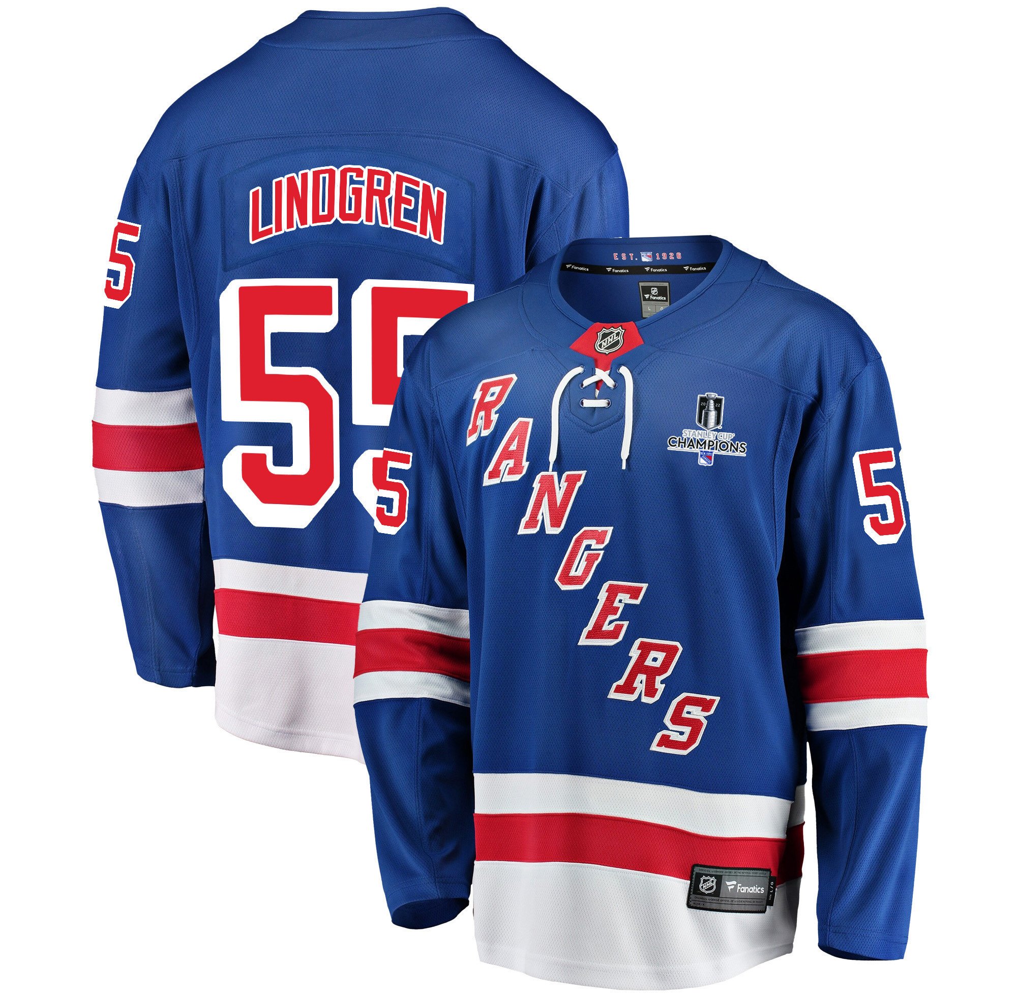 New York Rangers Ryan Lindgren 55 Home 2022 Stanley Cup Champions Breakaway Men Hockey Jersey - Blue - JS171 