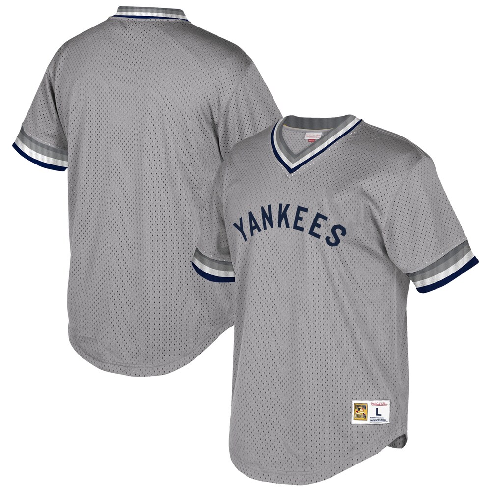 New York Yankees Mitchell & Ness Cooperstown Collection Mesh Wordmark V-neck Baseball Jersey - Gray