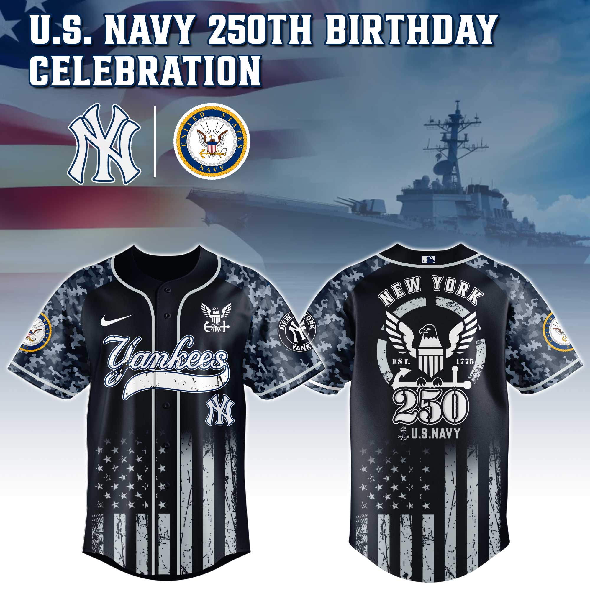 New York Yankees Mlb X 250 U.s. Navy Custom Baseball Jersey