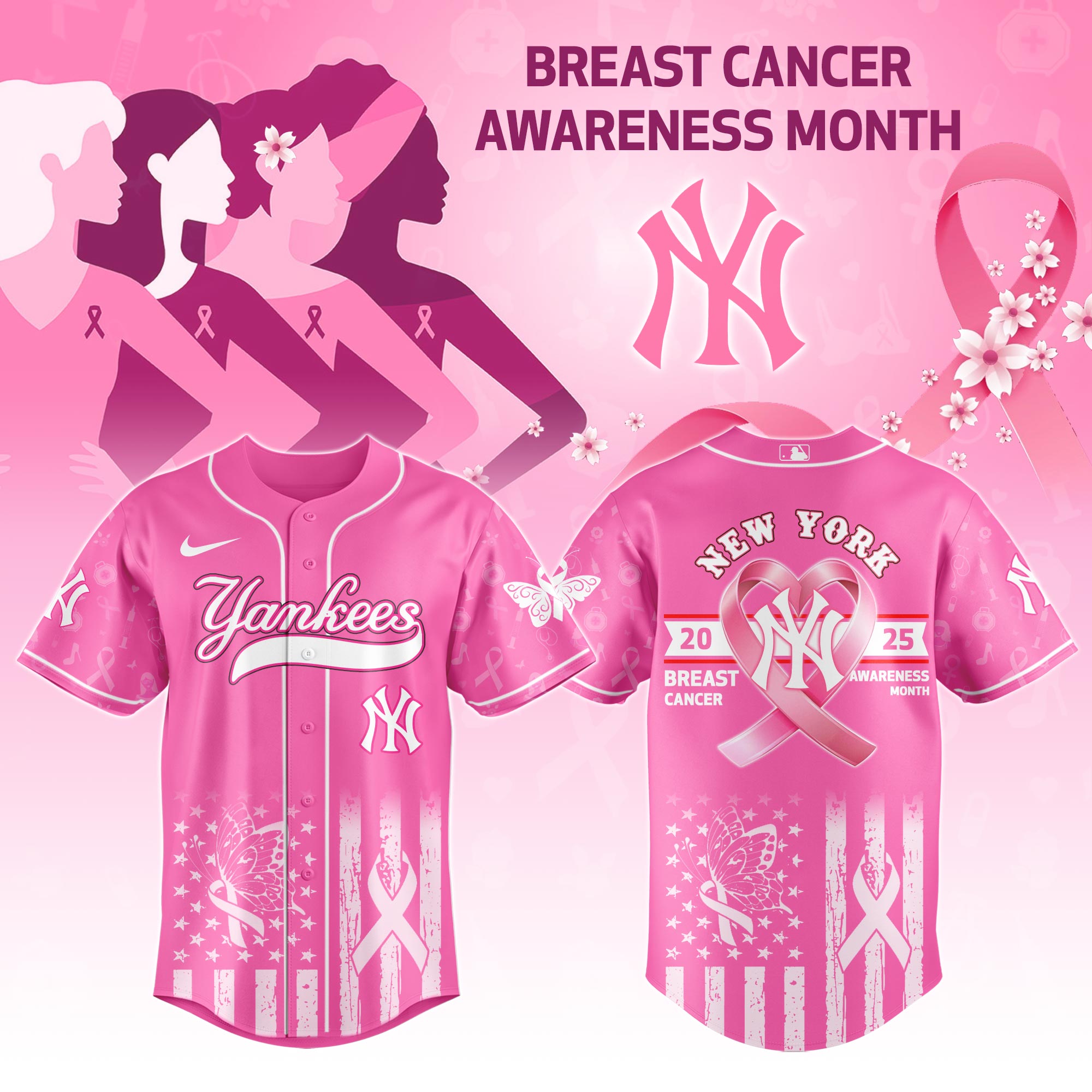 New York Yankees Mlb X Breast Cancer Awareness Month Custom Baseball Jersey