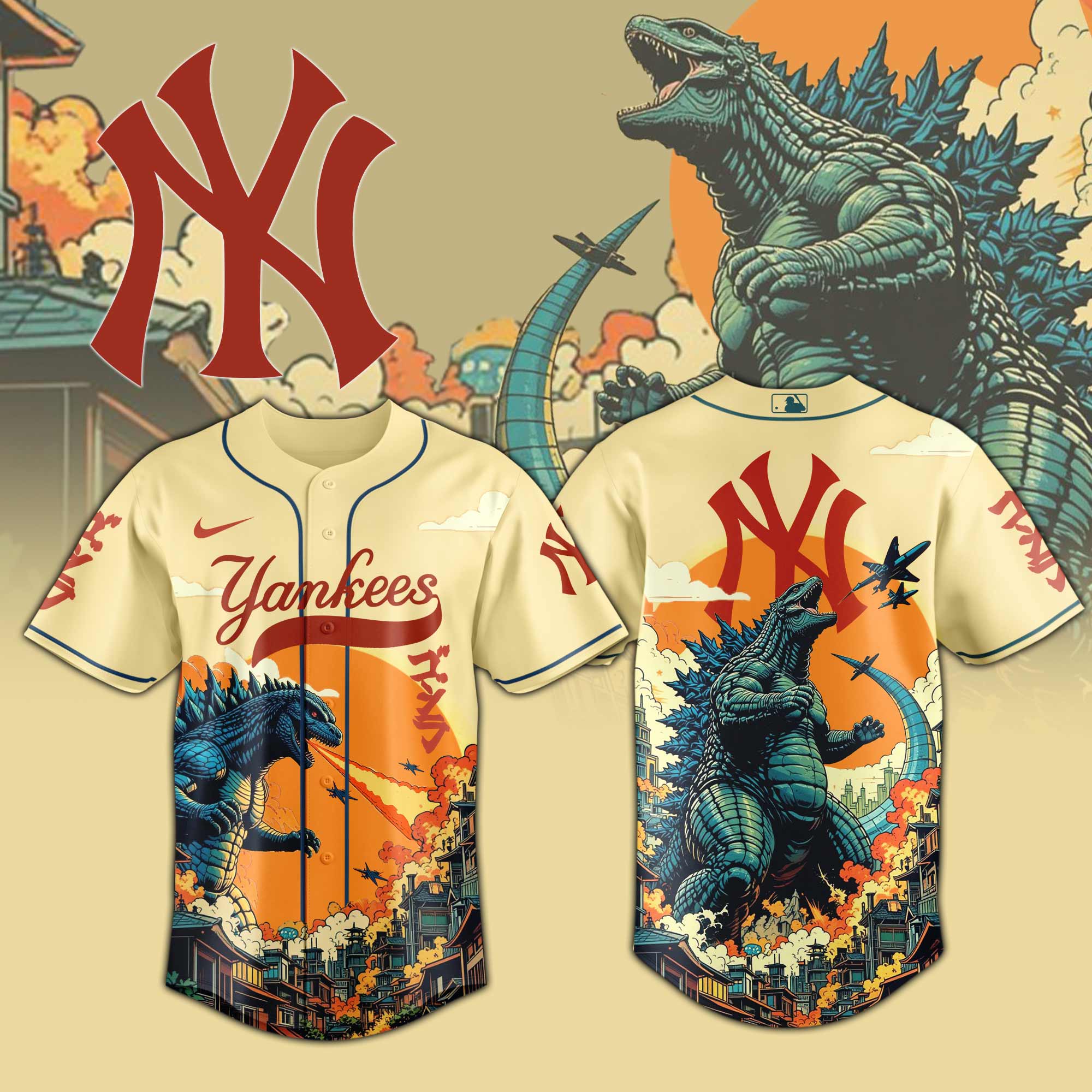New York Yankees Mlb X Godzilla Attack Custom Baseball Jersey