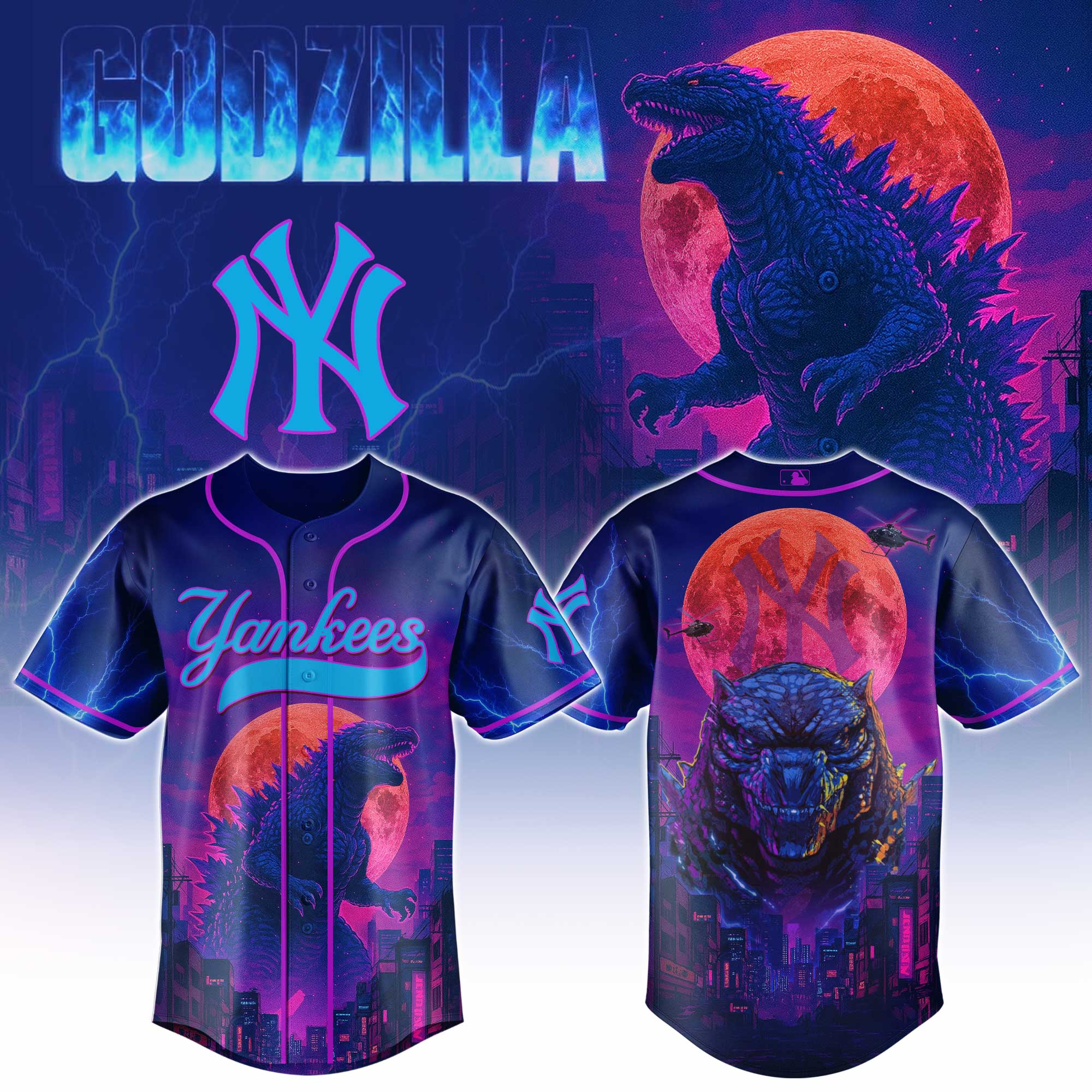 New York Yankees Mlb X Godzilla Neon City Custom Baseball Jersey