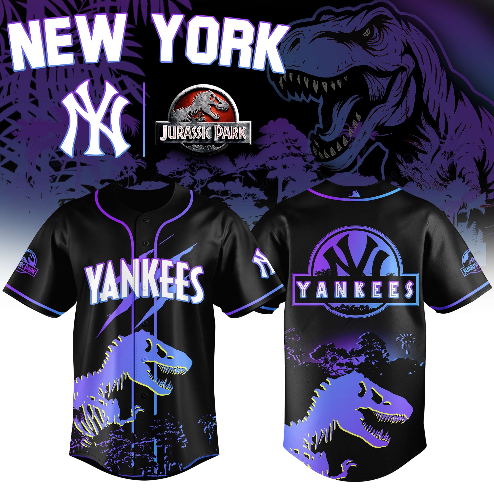 New York Yankees Mlb X Jurassic World Prehistoric Night Custom Baseball Jersey