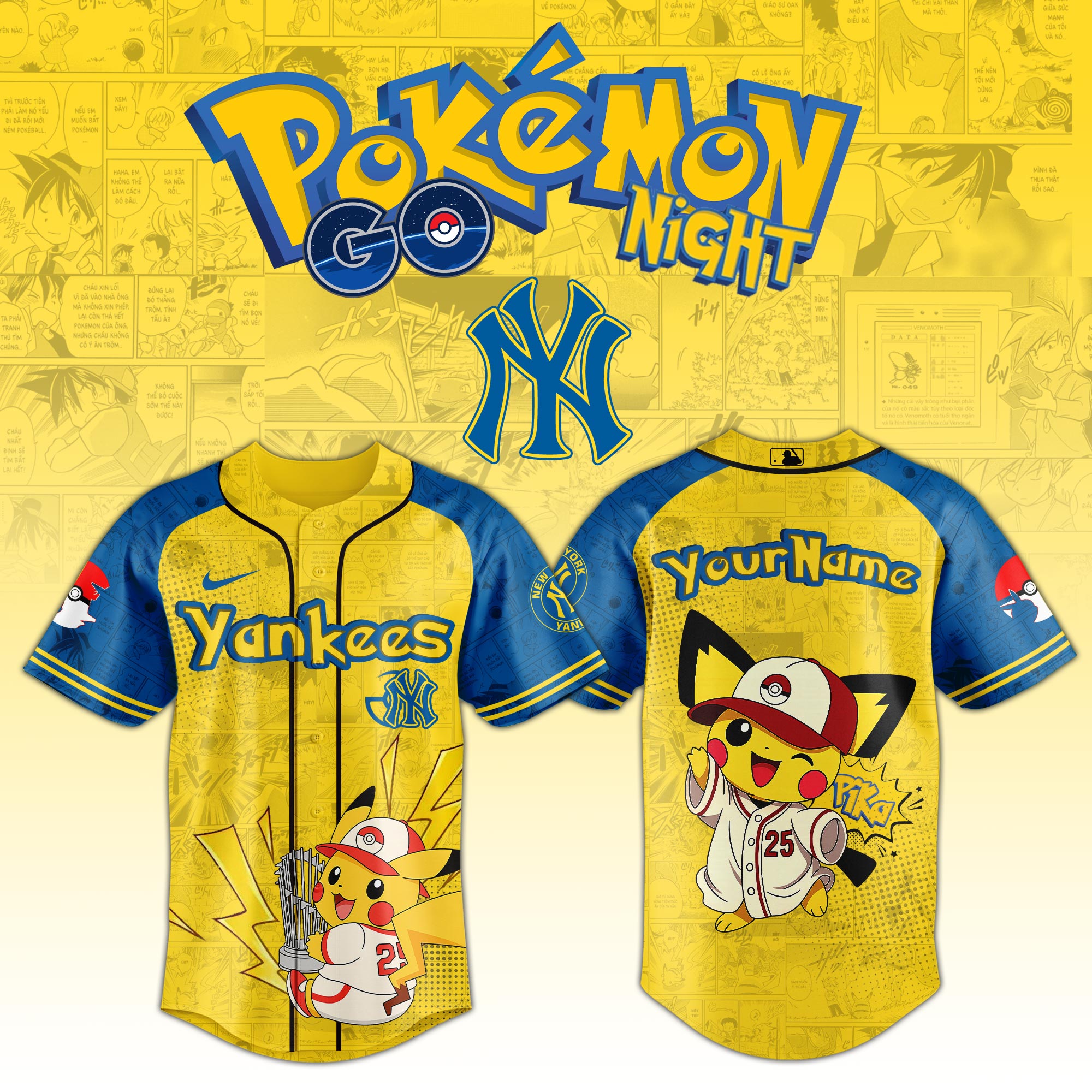New York Yankees Mlb X Pokemon Pichu Pikachu Custom Baseball Jersey Custom Name