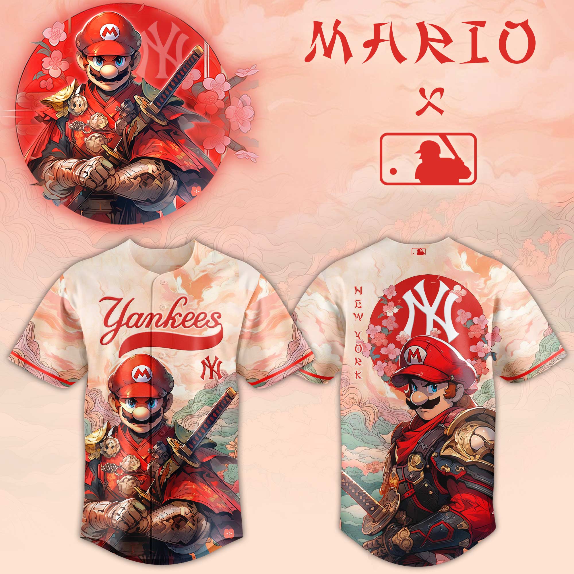 New York Yankees Mlb X Super Mario Samurai Hero Custom Baseball Jersey