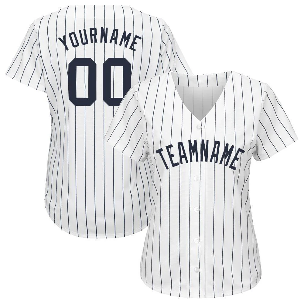 Custom White Navy Pinstripe Navy Baseball Jersey - Image 4