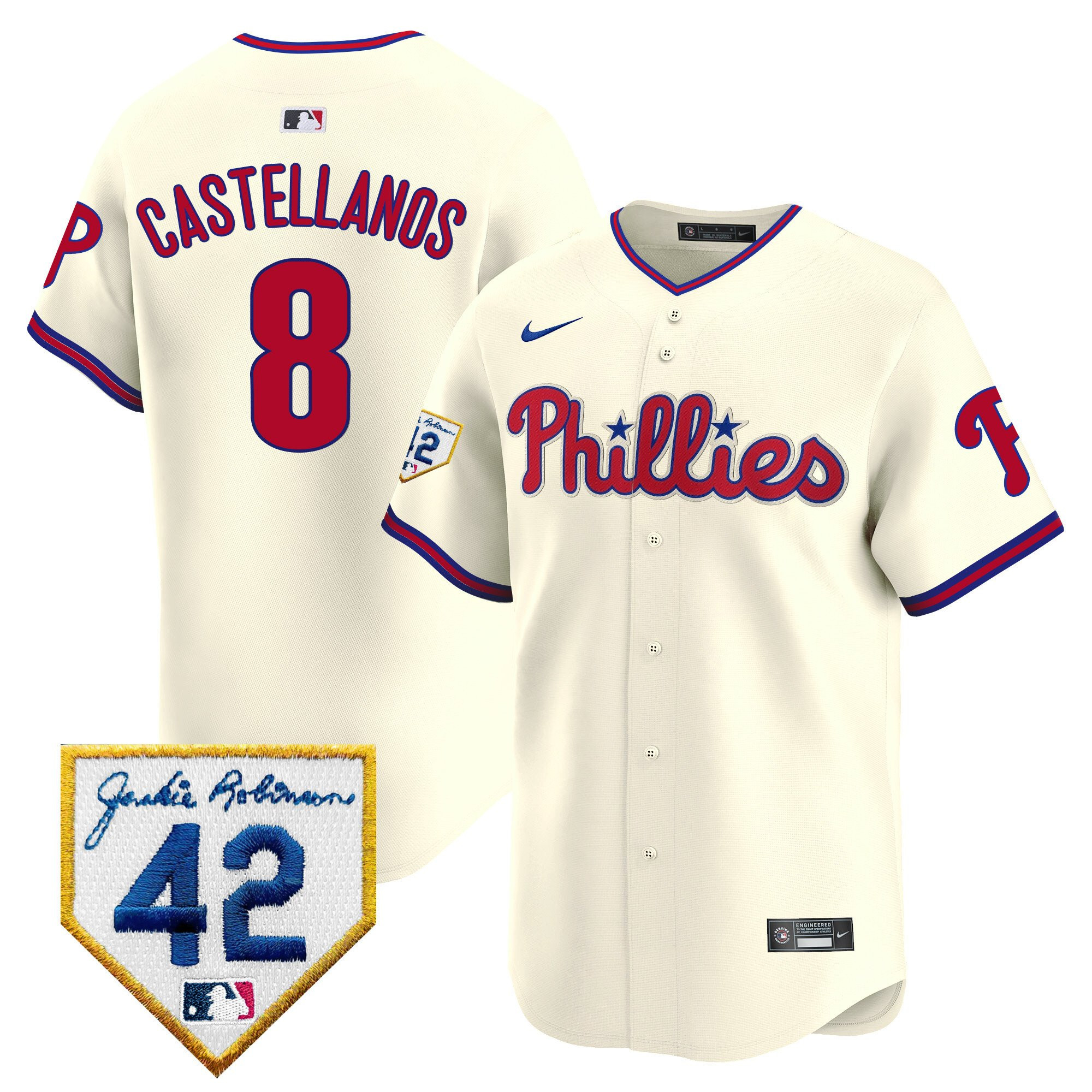 Nick Castellanos 8 Philadelphia Phillies 2024 Jackie Robinson Patch Men Baseball Jersey - Cream 