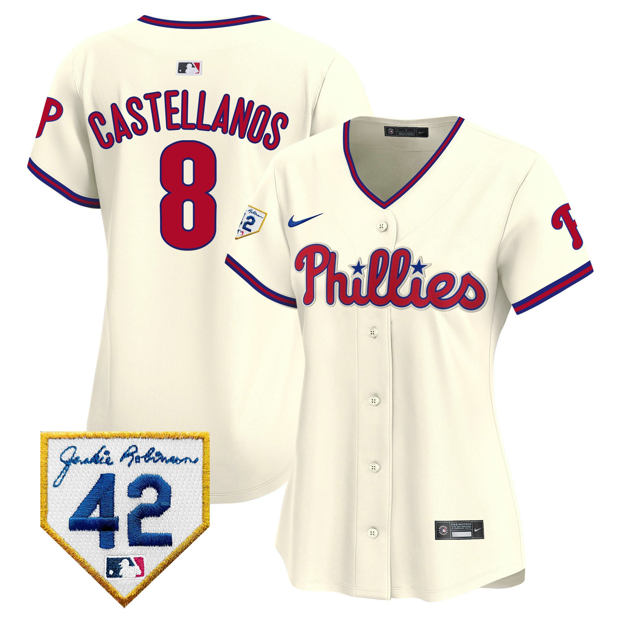 Nick Castellanos 8 Philadelphia Phillies 2024 Jackie Robinson Patch Women Baseball Jersey - Cream 