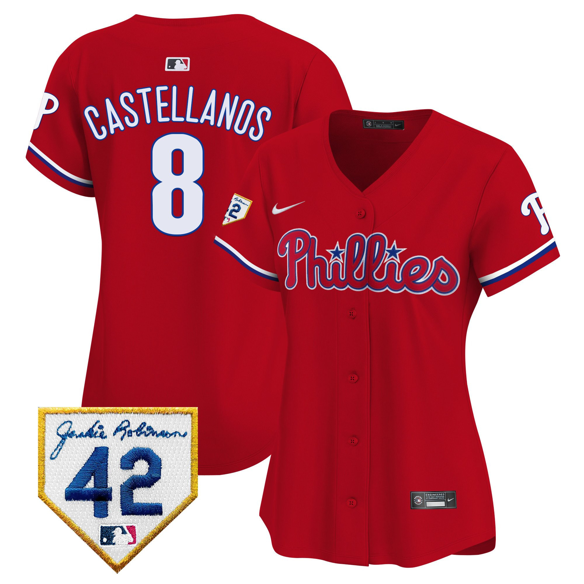Nick Castellanos 8 Philadelphia Phillies 2024 Jackie Robinson Patch Women Baseball Jersey - Red 