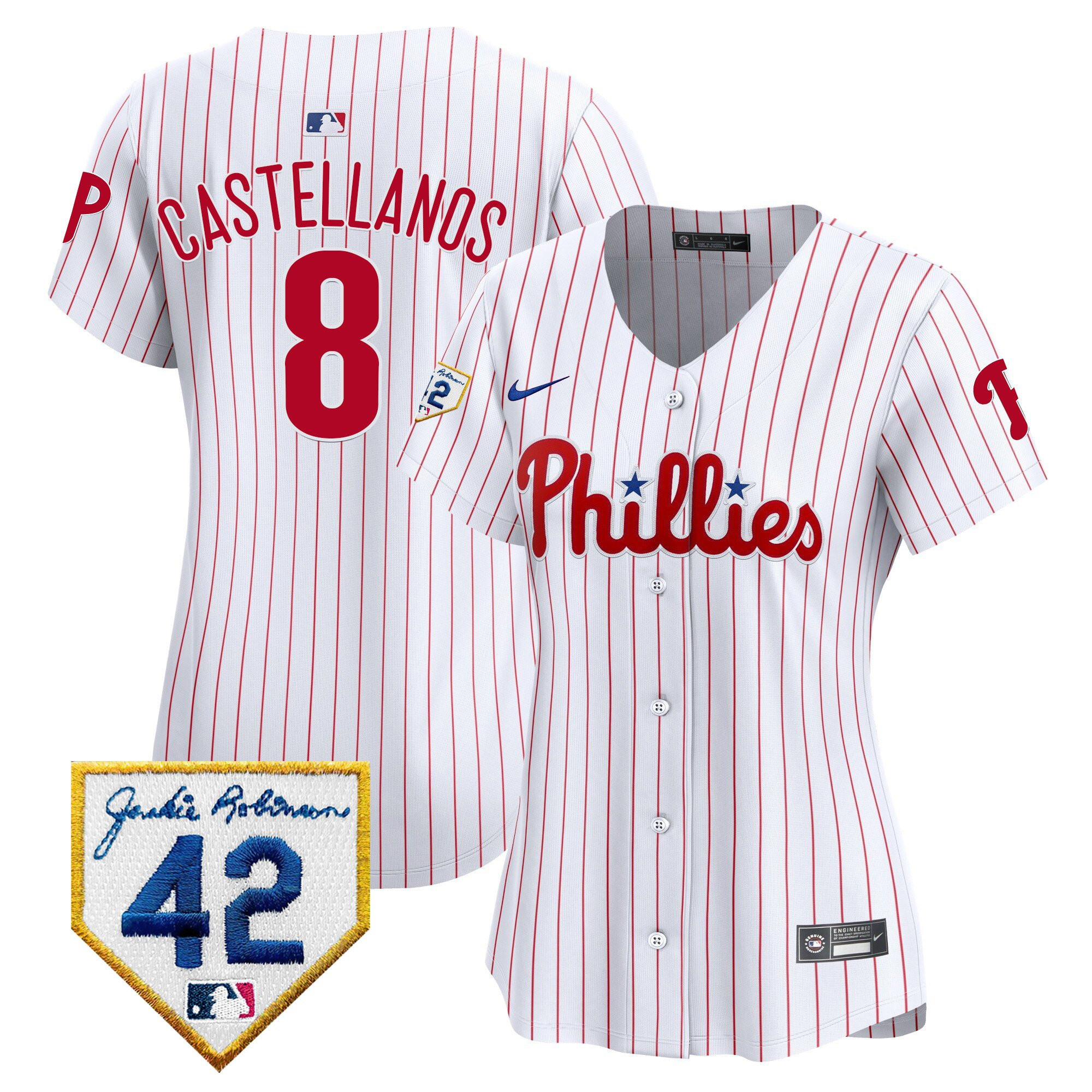 Nick Castellanos 8 Philadelphia Phillies 2024 Jackie Robinson Patch Women Baseball Jersey - White 