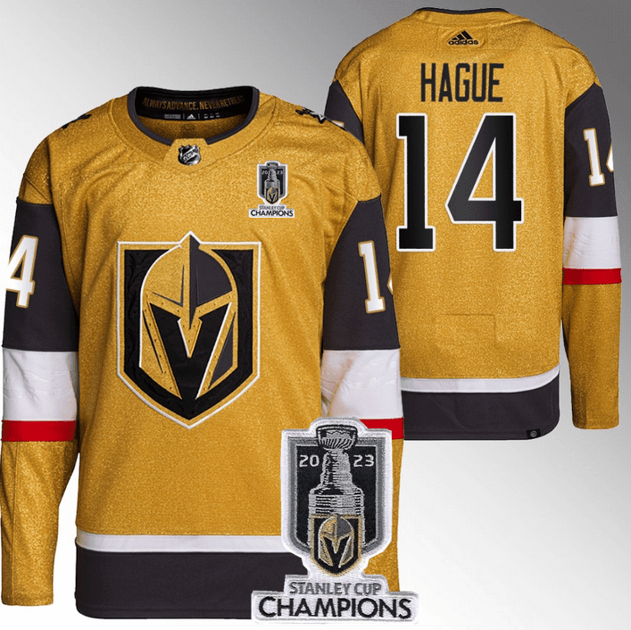 Nicolas Hague 14 Vegas Golden Knights 2023 Stanley Cup Champions Patch Breakaway Home Hockey Jersey - Gold - JS718 