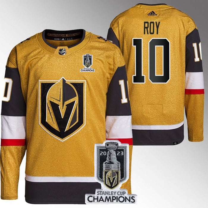 Nicolas Roy 10 Vegas Golden Knights 2023 Stanley Cup Champions Patch Breakaway Home Hockey Jersey - Gold - JS957 