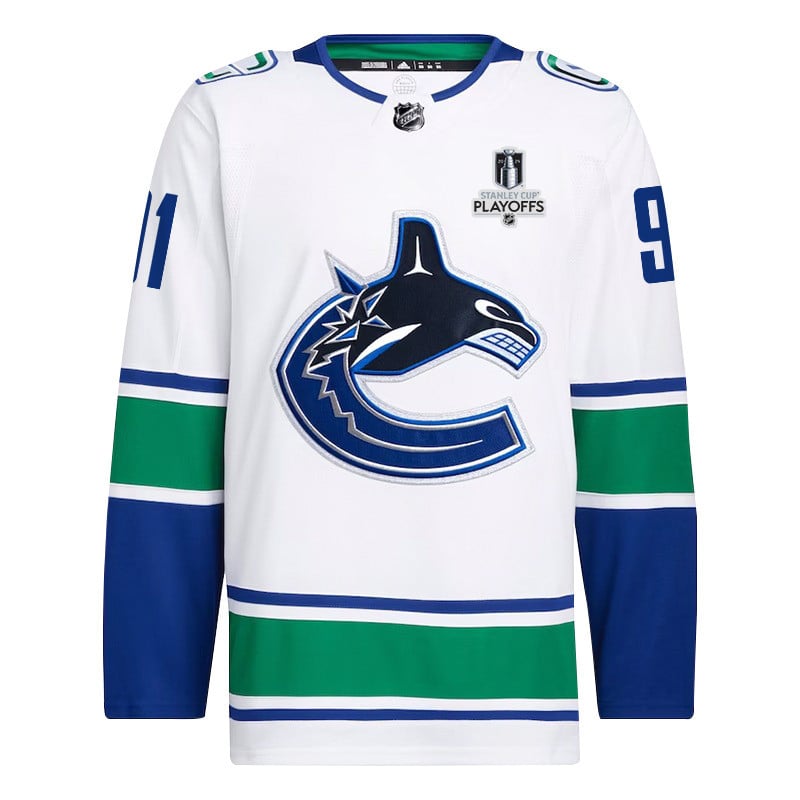 Alternative view of Nikita Zadorov 91 Vancouver Canucks 2024 NHL Playoffs Patch Away Hockey Jersey - Men, White - JS256 