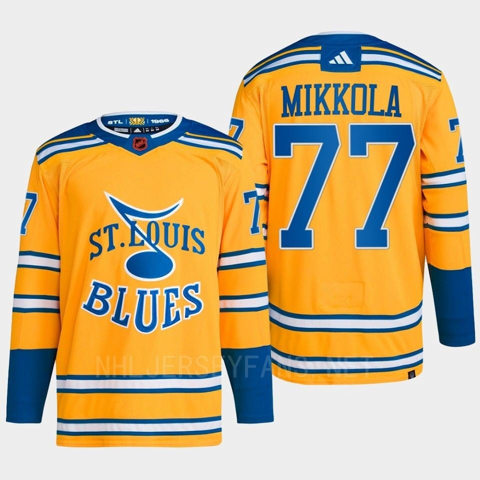 Niko Mikkola 77 Reverse Retro 2.0 2022 St. Louis Blues Yellow Hockey Jersey Primegreen - JS763 