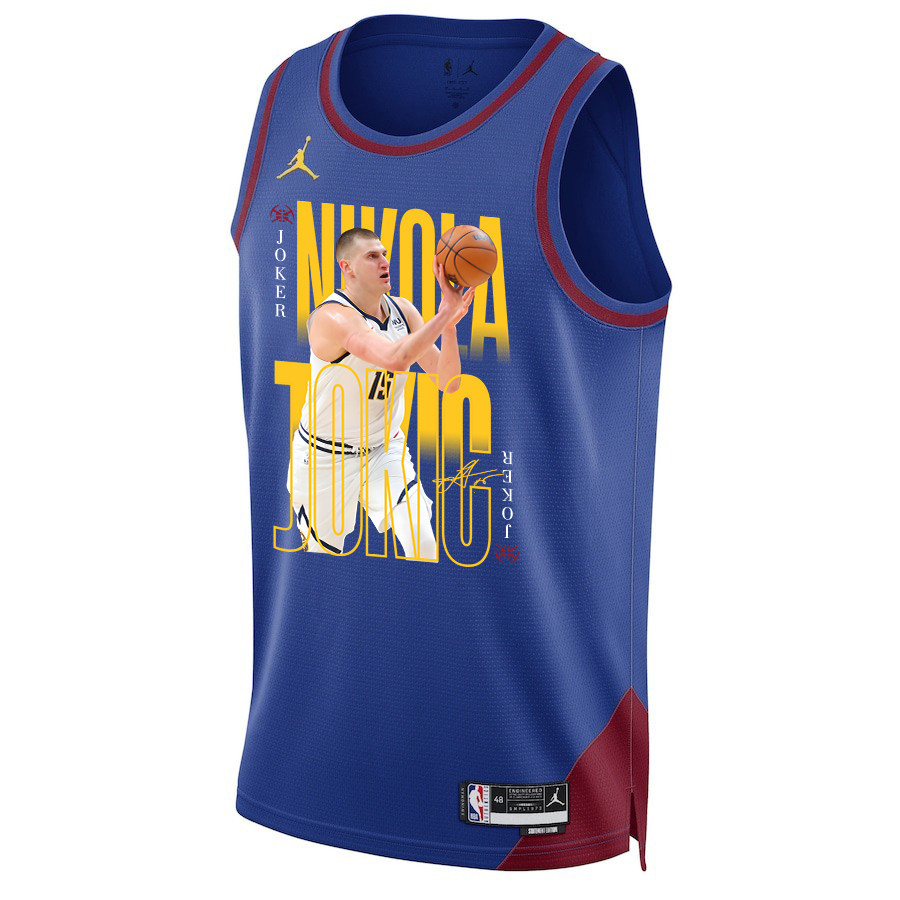 Alternative view of Nikola Jokic 15 Denver Nuggets Joker's Gold 2023 NBA Champions Swingman Basketball Jersey - Blue - JS719 