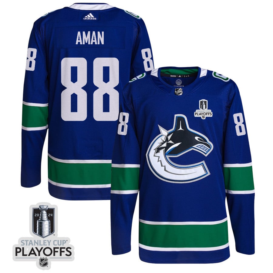 Nils Aman 88 Vancouver Canucks 2024 NHL Playoffs Patch Home Hockey Jersey - Men, Blue - JS547 