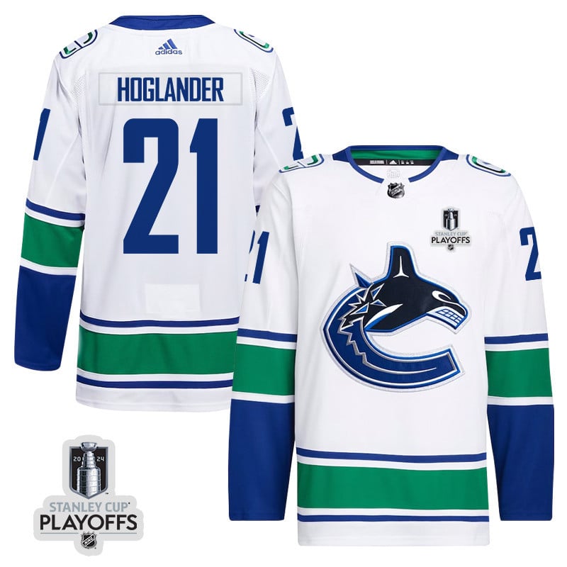 Nils Hoglander 21 Vancouver Canucks 2024 NHL Playoffs Patch Away Hockey Jersey - Men, White - JS393 