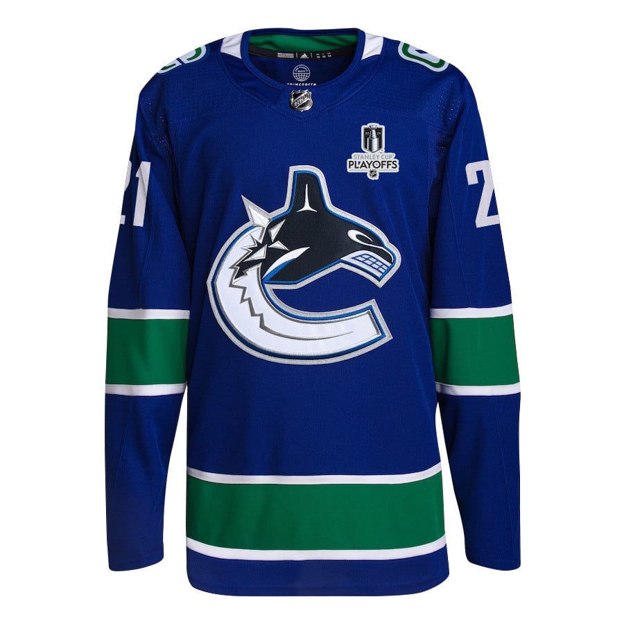Alternative view of Nils Hoglander 21 Vancouver Canucks 2024 NHL Playoffs Patch Home Hockey Jersey - Men, Blue - JS907 