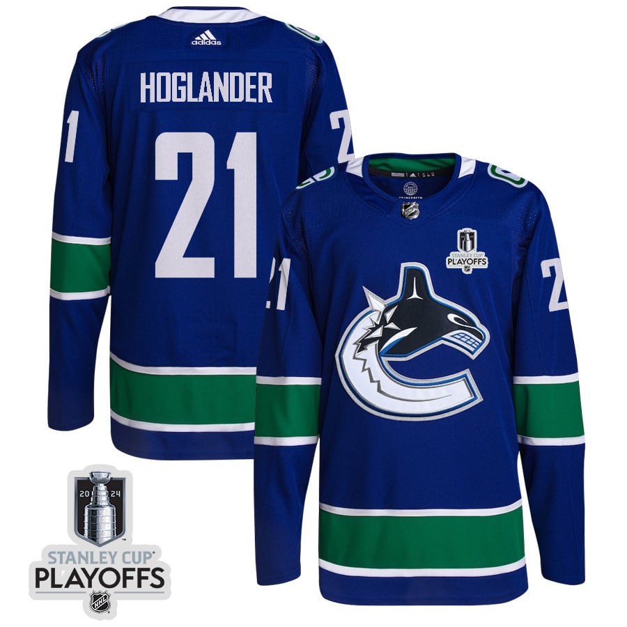 Nils Hoglander 21 Vancouver Canucks 2024 NHL Playoffs Patch Home Hockey Jersey - Men, Blue - JS907 
