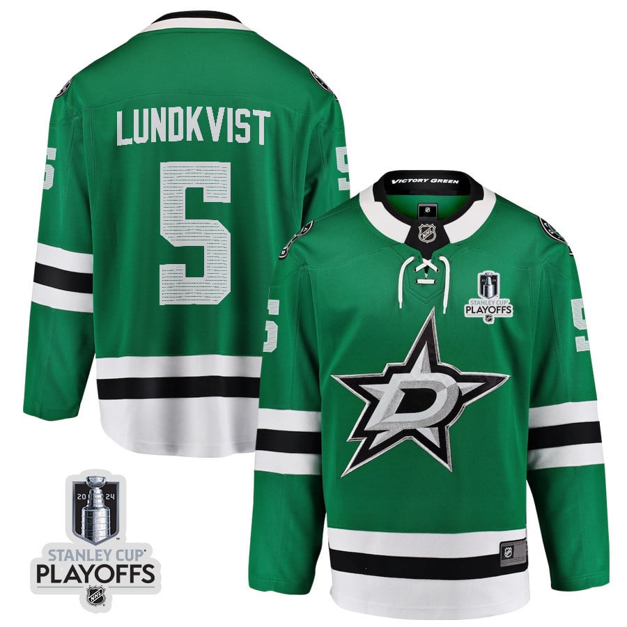 Nils Lundkvist 5 Dallas Stars 2024 NHL Playoffs Patch Home Hockey Jersey - Men, Green - JS617 