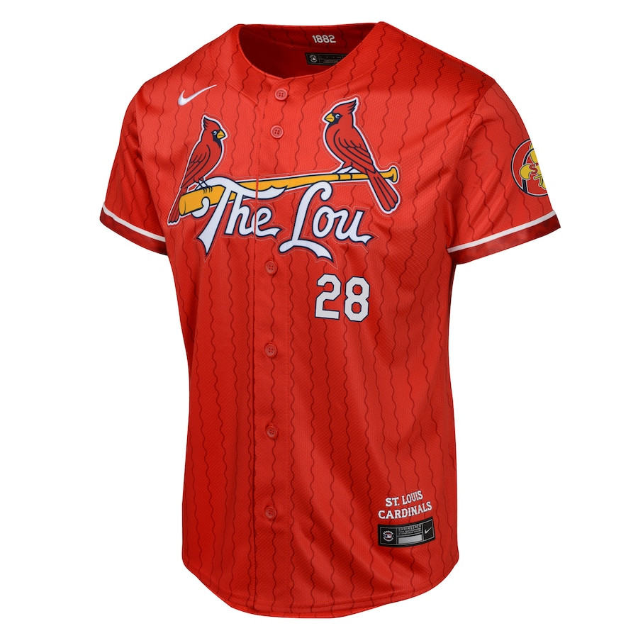 Alternative view of Nolan Arenado 28 St. Louis Cardinals 2024 City Connect Limited YOUTH Baseball Jersey - Red 