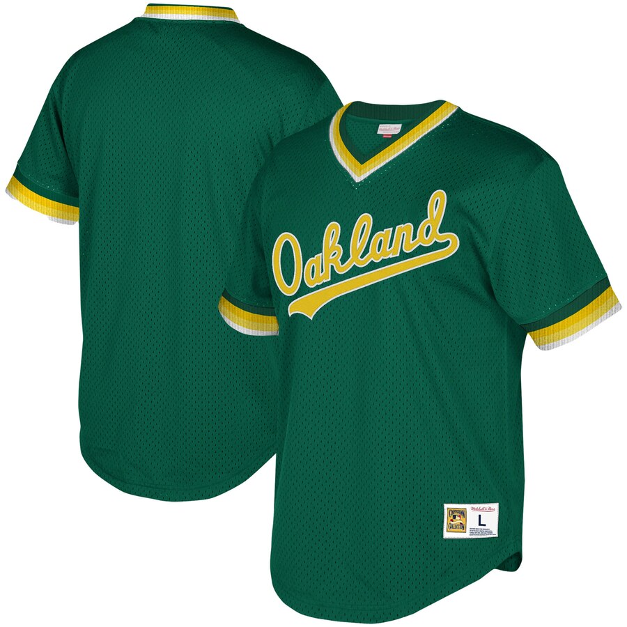 Oakland Athletics Mitchell & Ness Youth Cooperstown Collection Mesh Wordmark V-neck Baseball Jersey - Green