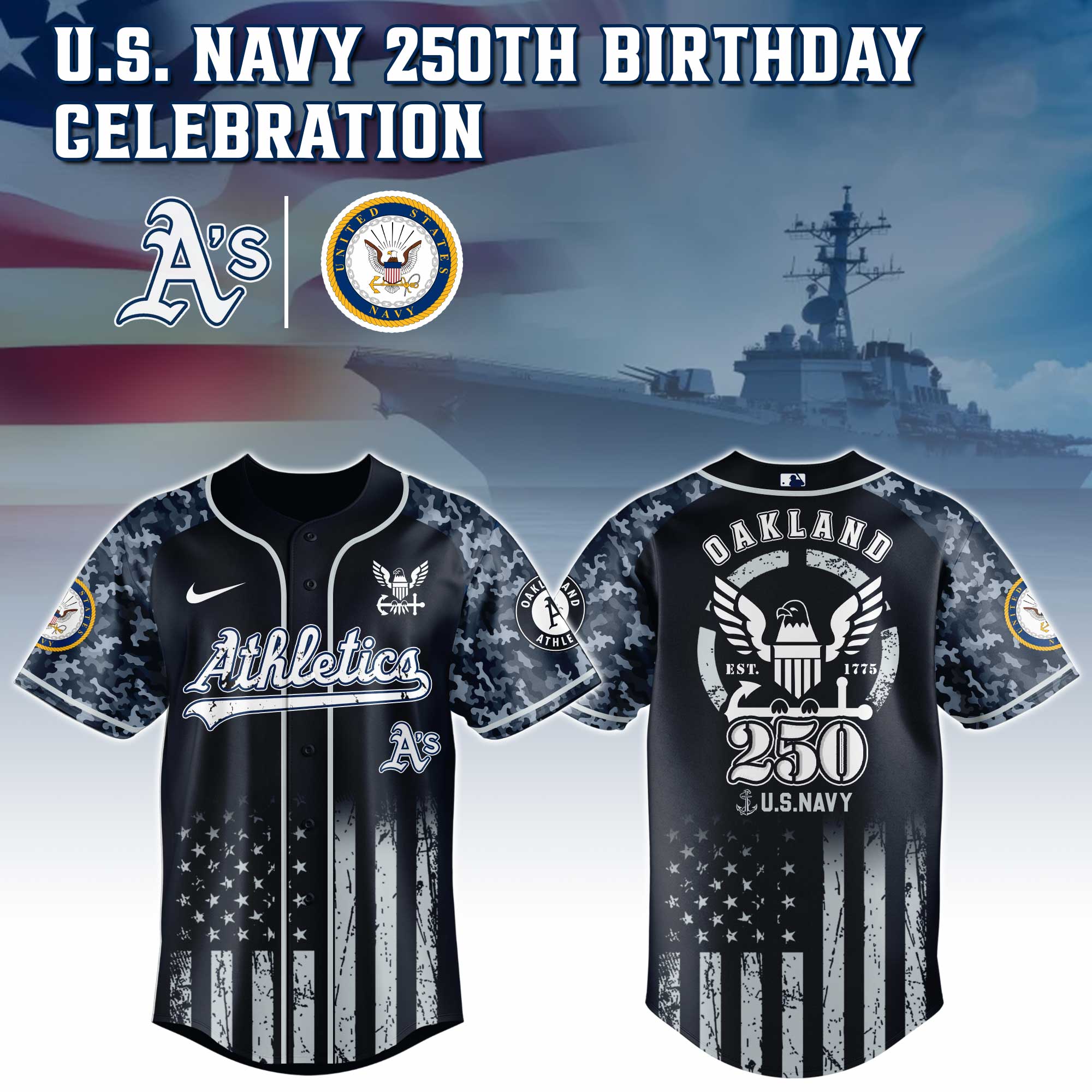 Oakland Athletics Mlb X 250 U.s. Navy Custom Baseball Jersey