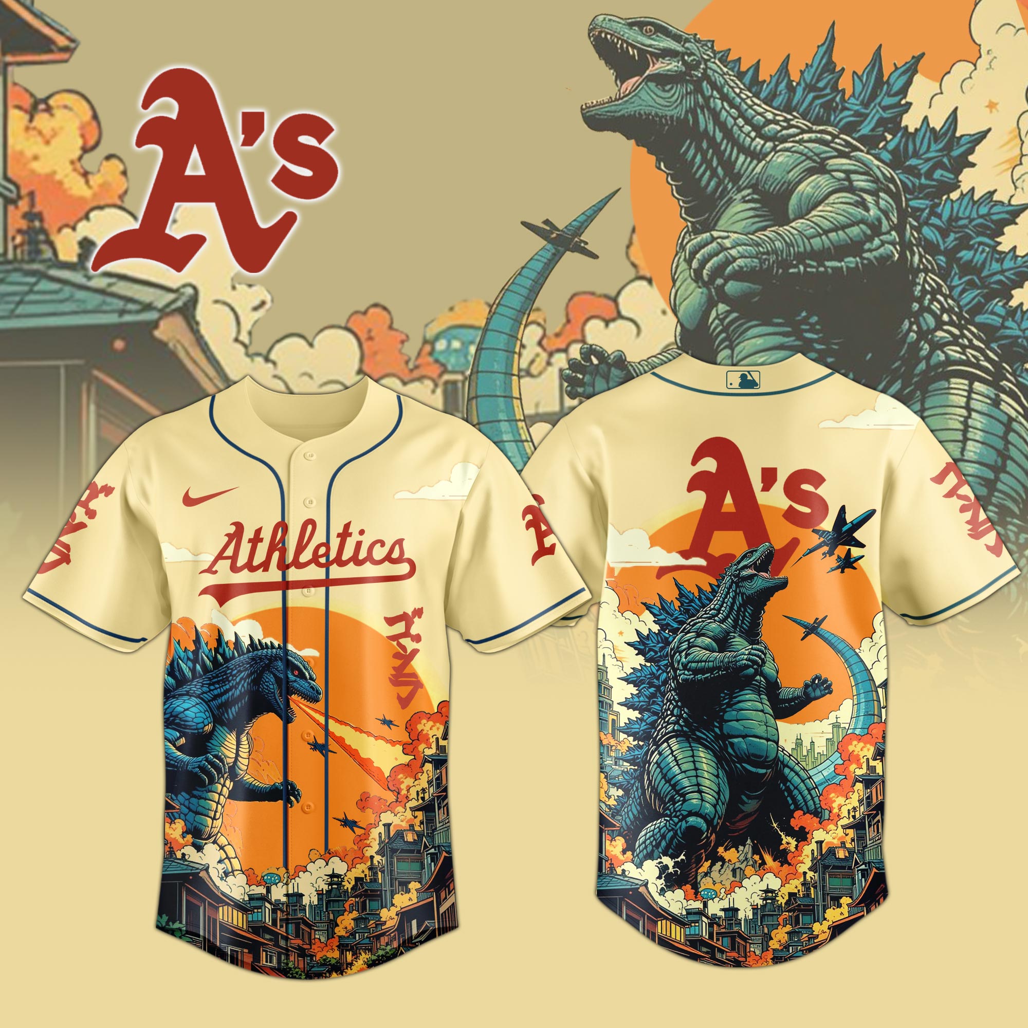 Oakland Athletics Mlb X Godzilla Attack Custom Baseball Jersey