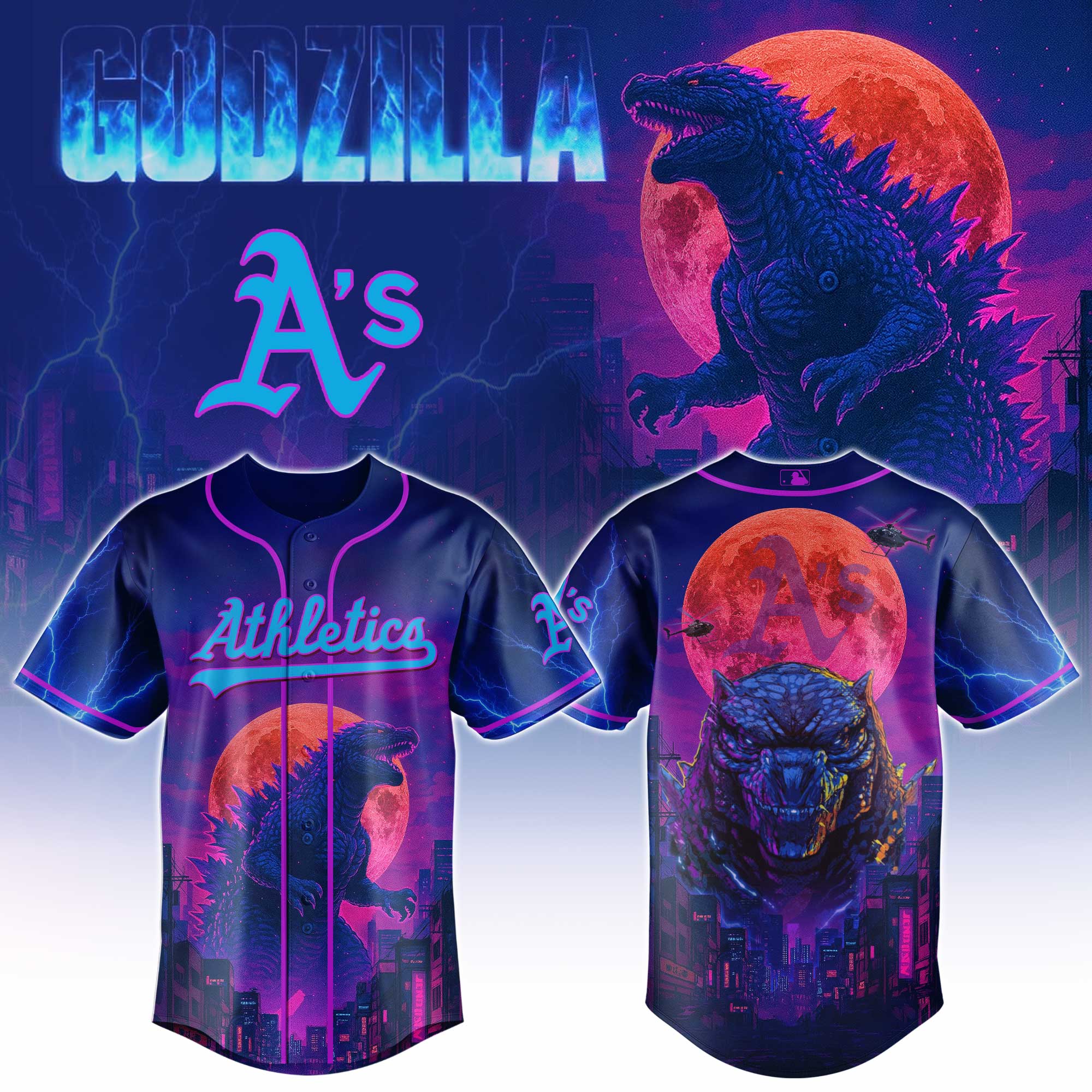 Oakland Athletics Mlb X Godzilla Neon City Custom Baseball Jersey